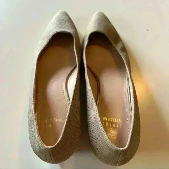 Stuart Weitzman Wedge Heel Dress Flat, Cream Textured Leather with Pearled Heel - Picture 4 of 11